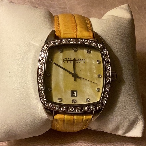 NWOT-Joan Rivers Classic watch with gems & date window & yellow leather band - Picture 1 of 10